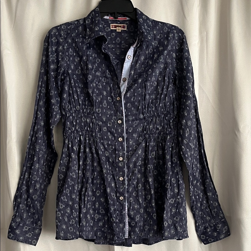 Free People Navy Blue Floral Button Down‎ Blouse Tunic Size 4 Small